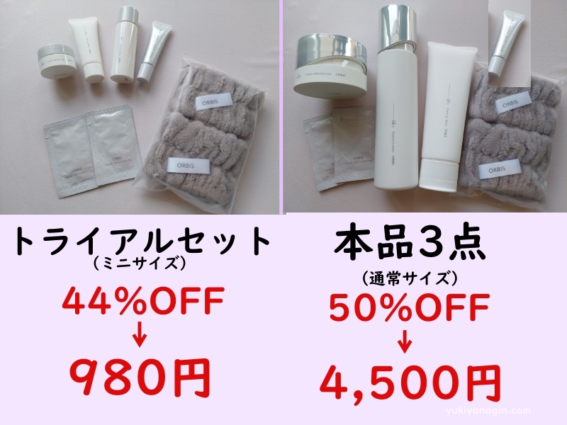 オルビスユードットの初回限定で半額で購入できるトライアルセットと通常品3点セットの写真