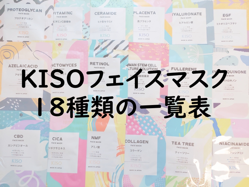 KISOのフェイスマスクを18種類並べた写真