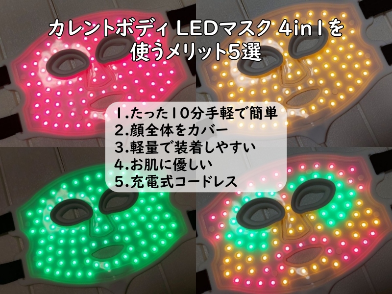 カレントボディ LEDマスク 4in1の4種類の色のトリートメントモードのLEDの様子撮った写真